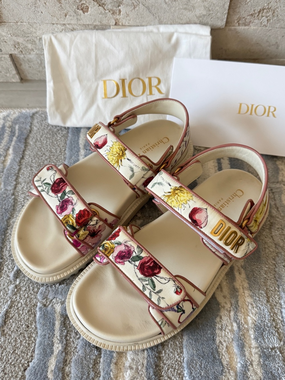 Dior Cream & Pink Floral DiorAct Dad Sandals - Gold Hardware